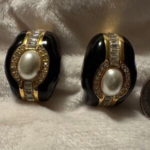 St John Designer Vintage Black & Gold Pearl & Rhinestone Clip On Earrings